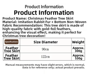 Size specifications and material details table for the faux fur Christmas tree skirt