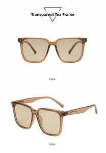 Vues de face et de côté de lunettes de soleil carrées thé avec monture ambre transparente