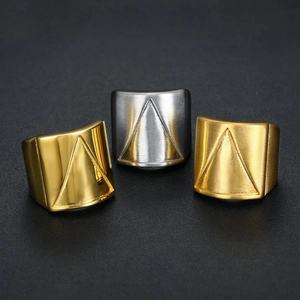 Detail of men's stainless steel rings showing gold and silver triangular relief textures