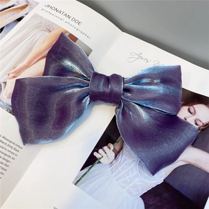 Close-up of a large purple organza bow hair clip with pearl luster on a fashion magazine