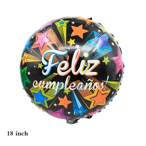 Detail of 18 inch Feliz cumpleaños black balloon with colorful stars and foil texture