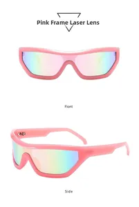 Detailed view of Y2K wraparound sunglasses with pink frame and laser lenses