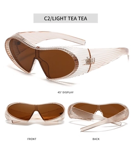 Detailed views of light tea steampunk Y2K sunglasses with wrap-around frames and brown lenses