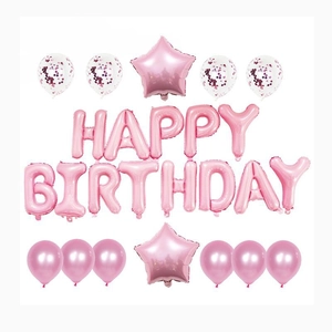 Pink Happy Birthday balloon set with aluminum foil letters, stars and confetti latex balloons
