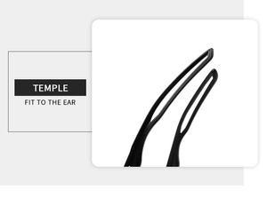 Detail of ergonomic black temple design for outdoor sunglasses with ear fit comfort