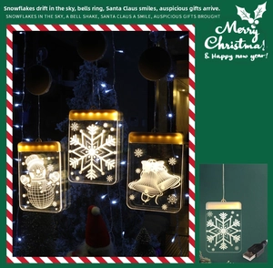 Detail of USB-powered acrylic Christmas pendant lights with warm 3D snowman LED icons