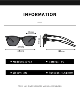 Detailed size chart for Y2K square sunglasses including frame width and PC material specs