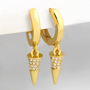 Gold hoop earrings with zircon studded conical pendants in a modern minimalist style