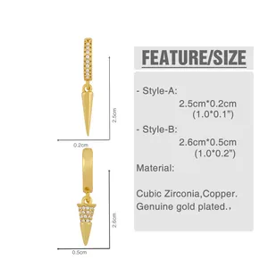 Size chart for gold-plated cone hoop earrings with cubic zirconia detailing and dimensions