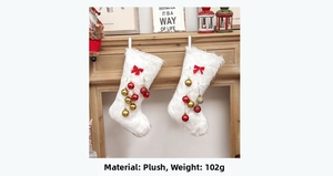 Detailed view of plush white Christmas stockings with red bows, weighing 102g for decor