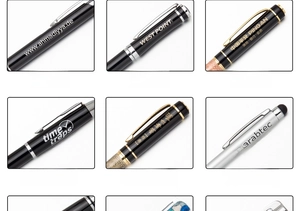 Detail view of custom metal pens showing laser engraving and multi-color screen printing