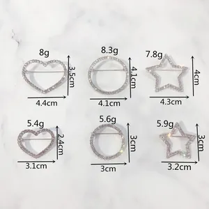 Detailed size chart for alloy brooches with heart, round, and star rhinestone patterns