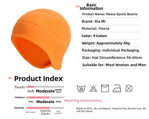 Orange fleece sports cap detail showing 56-60cm circumference and lightweight 40g fabric