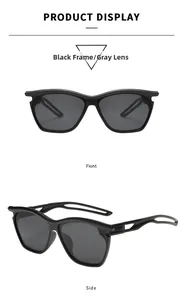Detailed view of hollowed-out temple design on black frame sunglasses with gray lenses
