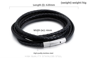 Detail view of multi-layer braided leather bracelet with stainless steel magnetic clasp