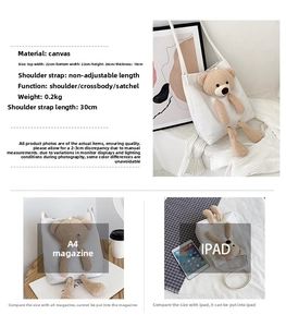 Détail du sac en toile blanche 22x26x10cm avec décor d'ours en peluche 3D mignon