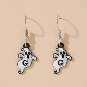 Halloween white ghost earrings with letter G detail and silver hooks on beige background