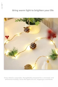 Detail of pine cones, red berries and pine needles on warm LED copper wire light string