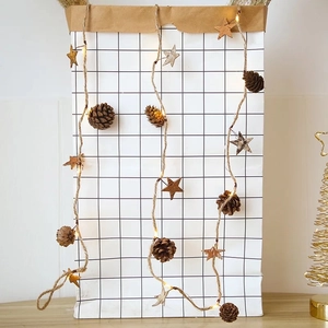 Detail of warm white LED string lights with natural pine cones and wooden stars on hemp rope