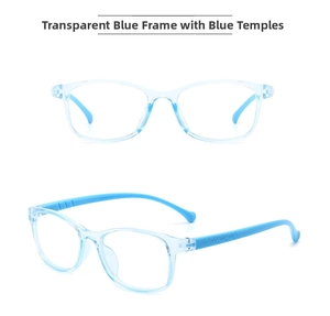 Dettaglio occhiali per bambini con montatura blu trasparente e stanghette blu strutturate