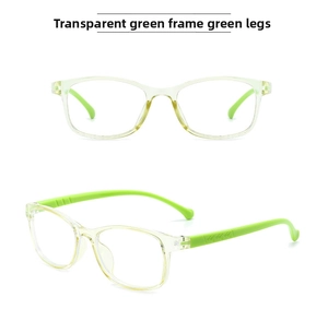 Dettaglio occhiali anti luce blu per bambini con montatura verde trasparente e stanghette