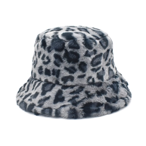Detailed view of the thick gray leopard print plush bucket hat with fuzzy texture