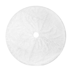 Top-down view of a round white faux fur Christmas tree skirt with high-quality soft plush texture