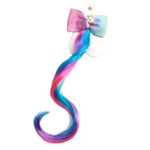 Rainbow unicorn bow hair clip with colorful wavy synthetic hair extensions for girls