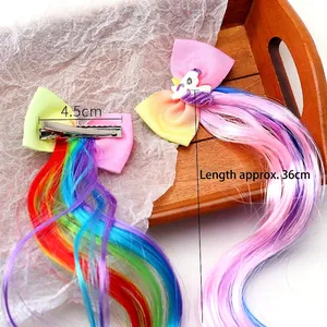Colorful unicorn bow hair clips for girls with 36cm gradient synthetic hair extensions
