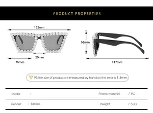 Detailed size specifications for trendy oversized rhinestone sunglasses with PC frame