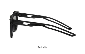 Side view of matte black sunglasses featuring stylish hollow out geometric temples