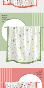 Three-panel view of soft cotton gauze baby towels with avocado and car cartoon prints