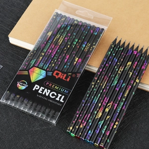 Black HB wood pencils set with colorful holographic prints and sparkling crystal rhinestones