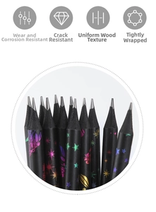 Detail of black wood pencils with colorful star and flower patterns and graphite core