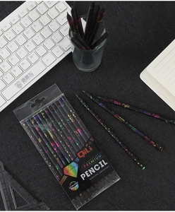 Detail of HB black wood pencils with colorful laser star patterns in plastic hang box