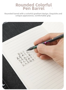 Close-up of a hand writing on notebook using a black wood pencil with floral pattern