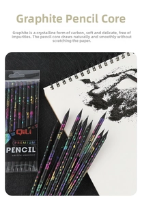 Detailed macro of HB black wood pencils with floral print and graphite shading on paper