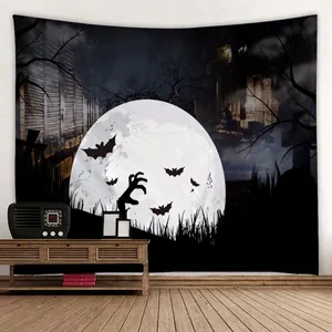 Halloween Wandteppich Detail mit Vollmond, Zombies und Fledermäusen für Wohnheim