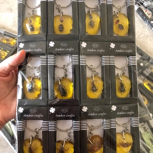 Detailed view of real insect amber keychain specimens in heart shaped resin packaging
