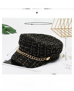Detail of black and gold tweed beret with gold chain and dimensions labeled