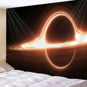 Detailed close-up of cosmic black hole tapestry fabric for bedroom wall decoration