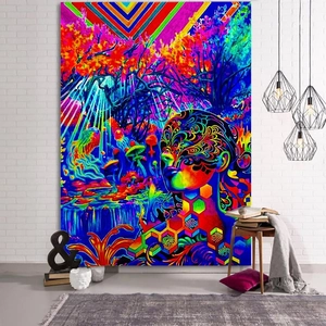 Trippy psychedelic wall tapestry featuring mystical forest mushrooms and human face art