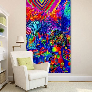 Abstract forest tapestry with neon mushrooms and jellyfish for neon wall decor
