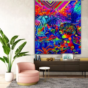 Psychedelic trippy forest tapestry with fluorescent mushrooms on a minimalist wall