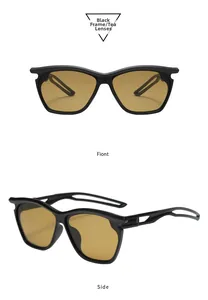 Detail view of square Y2K sunglasses with black frames, tea lenses and hollowed temples