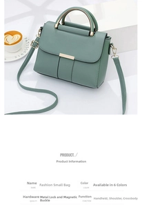 Detail of sage green PU leather handbag featuring gold metal handle and metal flip lock