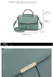 Detail view of sage green leather handbag with metal handle and dimensions 23x13x19cm