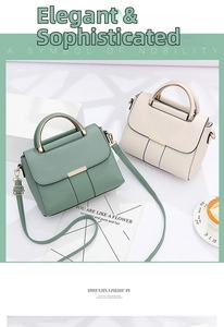 Detail view of dark green and cream handbags with metal handles and slim straps