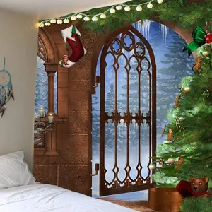 Detail of Christmas tapestry with 3D digital print of a snowy night window scene