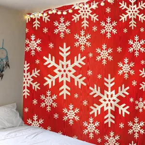 Gezellige slaapkamerwand met rood kersttapijt en witte sneeuwvlokkenpatronen